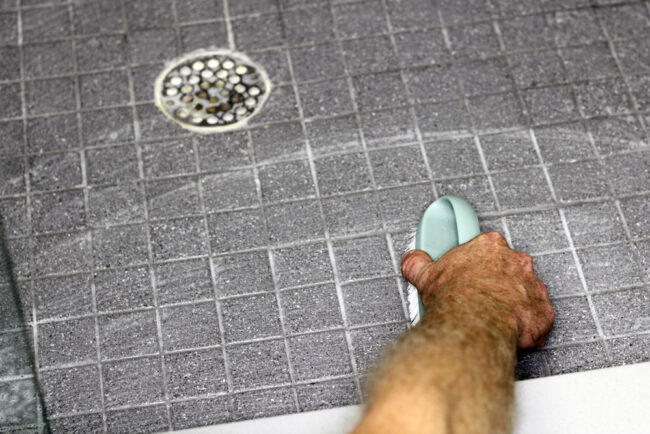 A person uses a sponge to scrub down the floor near a shower drain