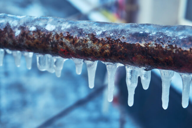 Many,Small,Icicles,Have,Frozen,On,A,Rusty,Pipe,In A closeup shot of a plumbing pipe that has been frozen over