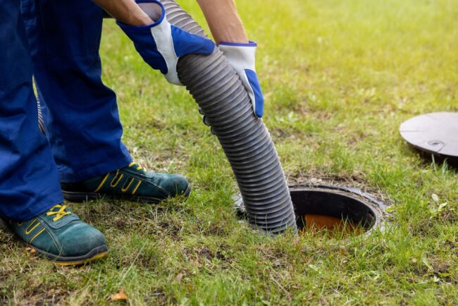 Pumping,Out,Household,Septic,Tank.,Drain,And,Sewage,Cleaning,Service A worker uses a big pipe to clear out a household septic system